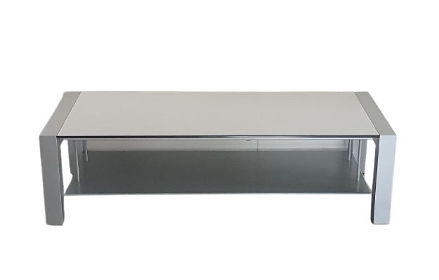 Sushi TV/Hi-Fi Ausstellungsstück von Kristalia, modernes TV-Möbel aus Glas und Metall in Grau, Frontansicht