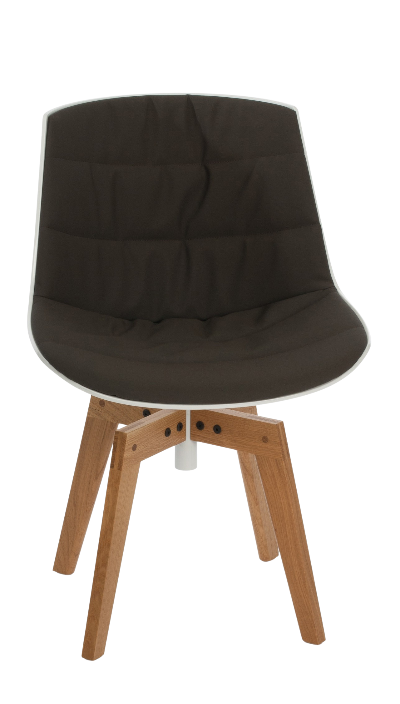 Flow Chair von MDF Italia, Sitzschale mit schwarzer Polsterung, weiße Kunststoffschale, vier Holzfüße aus Eiche, Frontansicht.