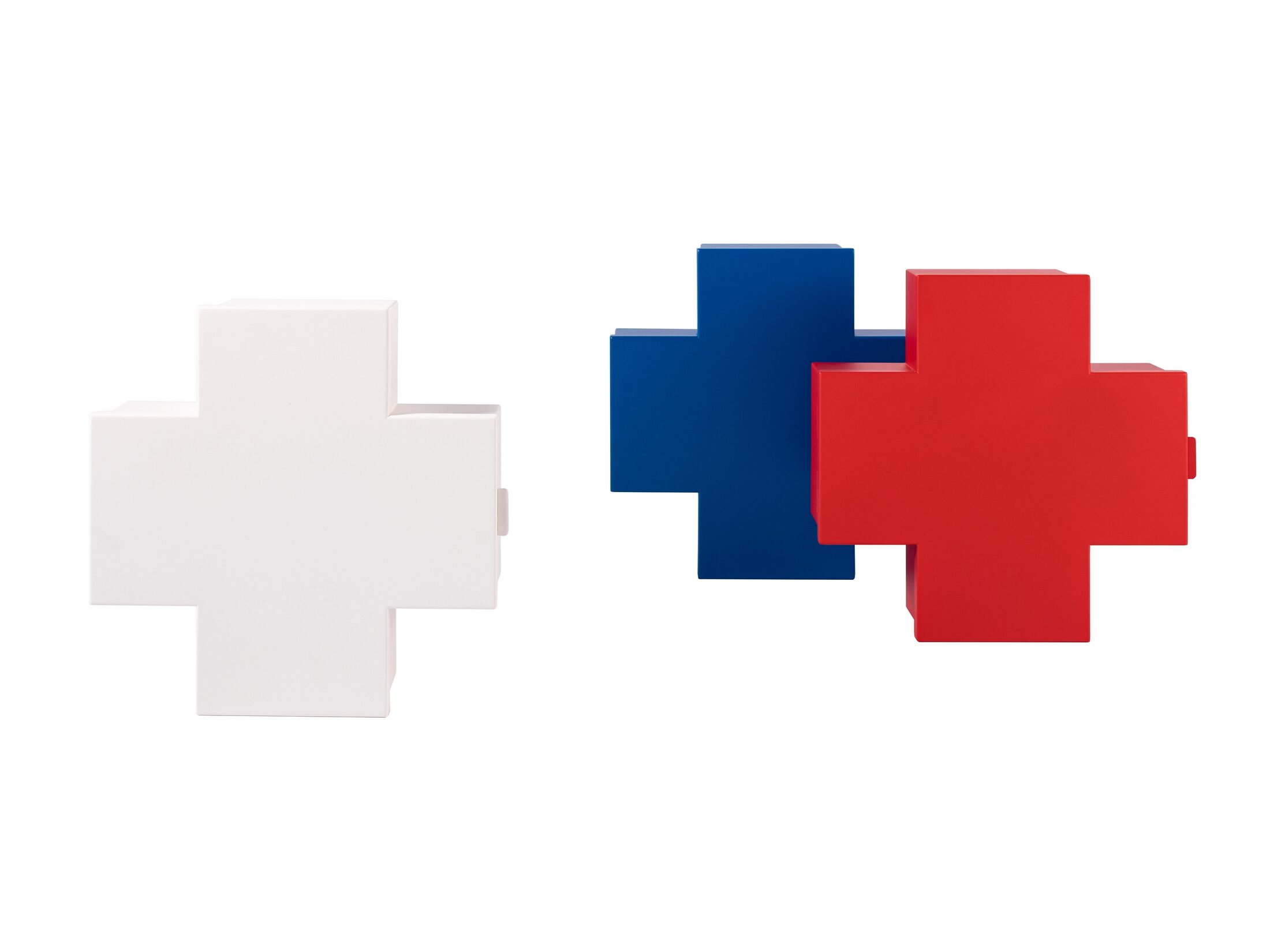 Medizinschrank Cross von Cappellini, weiß, dunkelblau und rot, Pixeldesign, Frontansicht.