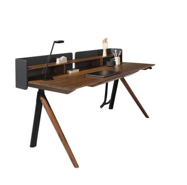 Schreibtisch Pisa mit Aufsatz Nussbaum Naturöl, Aufsatz Paneel Leder schwarz von Team 7